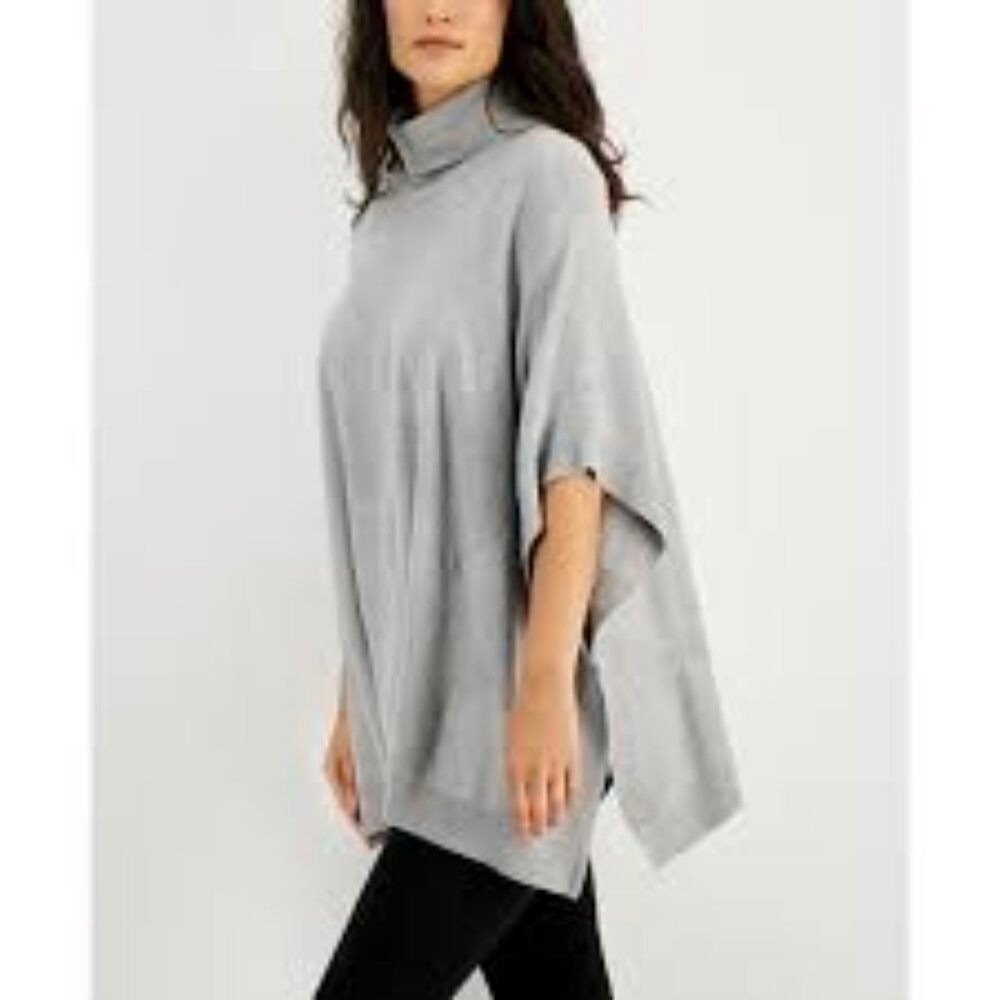 Alfani Turtleneck Novel Poncho Sweater Heather Sterling Color Large